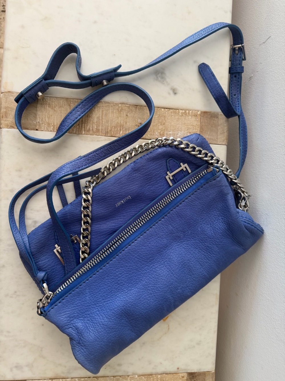 Botkier Blue Leather Crossbody with Chain Trim